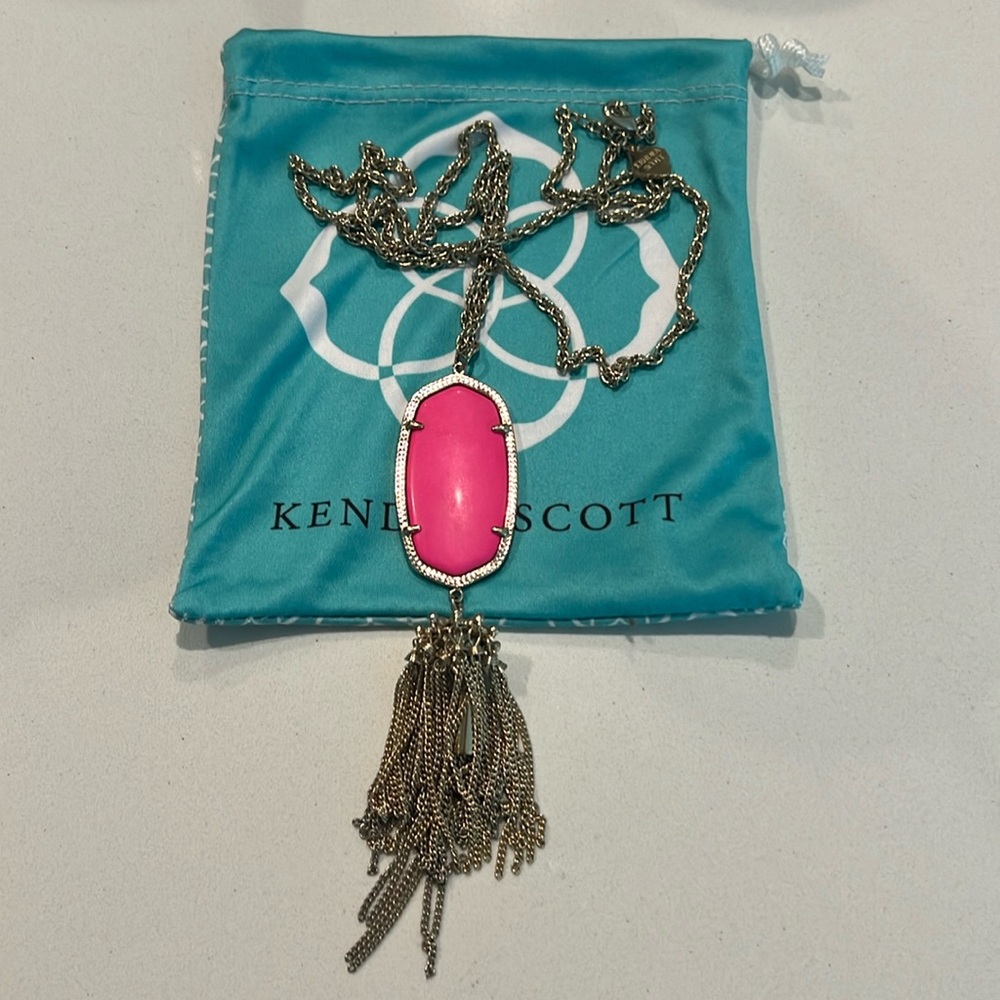Hot Pink Stone with Gold Chain & Tassel Kendra Scott Necklace